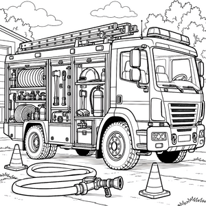 Ausgestattetes Feuerwehrauto mit Schlauch Malbild für fröhliche Weltenbummler