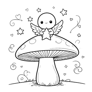 Verspielter Kawaii-Engel auf Pilz Ausmalvorlage für kreative Naturfreunde
