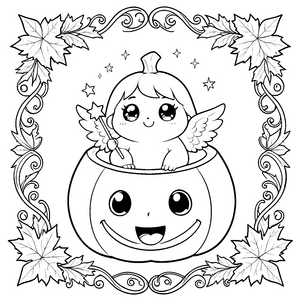 Fröhlicher Kawaii-Engel im Kürbis Malbild für neugierige Weltenbummler