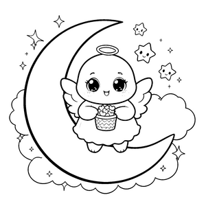 Heiterer Kawaii Engel mit Mondkorb Ausmalbild für fröhliche Sternengucker