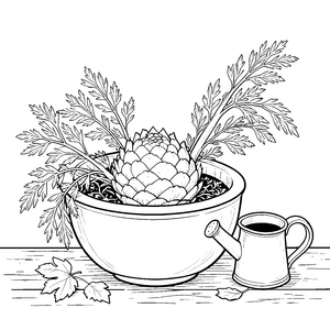 Prachtvoller Fenchel mit Artischocke im Topf Ausmalbild für fröhliche Hobbyköche