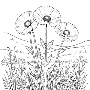 Zarte Mohnblumen im hohen Gras Ausmalvorlage für verträumte Bastler