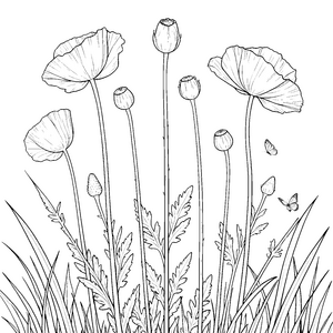 Verspielte Mohnblumen mit Schmetterlingen Malvorlage für verträumte Tüftler