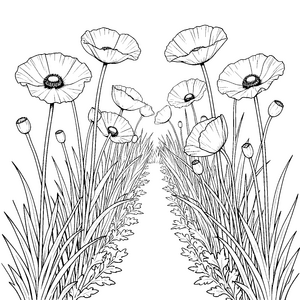 Wundervolle Mohnblumen auf Gräsern Ausmalbild für malfreudige Naturfreunde