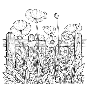 Fröhliche Mohnblumen am Holzzaun Ausmalbild für Weltenbummler