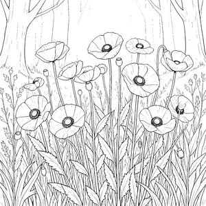 Stille Mohnblumen im Wald Malvorlage für verträumte Naturfreunde
