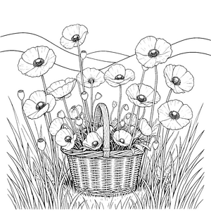 Bunter Mohnblumenkorb im hohen Gras Ausmalbild für kleine Blumenfreunde