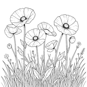 Zarte Mohnblumen im hohen Gras Ausmalbild für fröhliche Blumenkinder