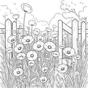 Sommerliche Mohnblumen am Holzzaun Malbild für mutige Bastler