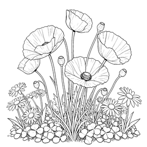 Verspielte Mohnblumen mit Gänseblümchen Ausmalbild für neugierige Naturfreunde