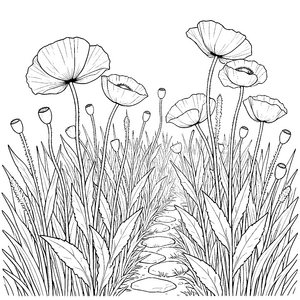 Frei wachsende Mohnblumen am Steinpfad Ausmalbild für junge Weltenbummler