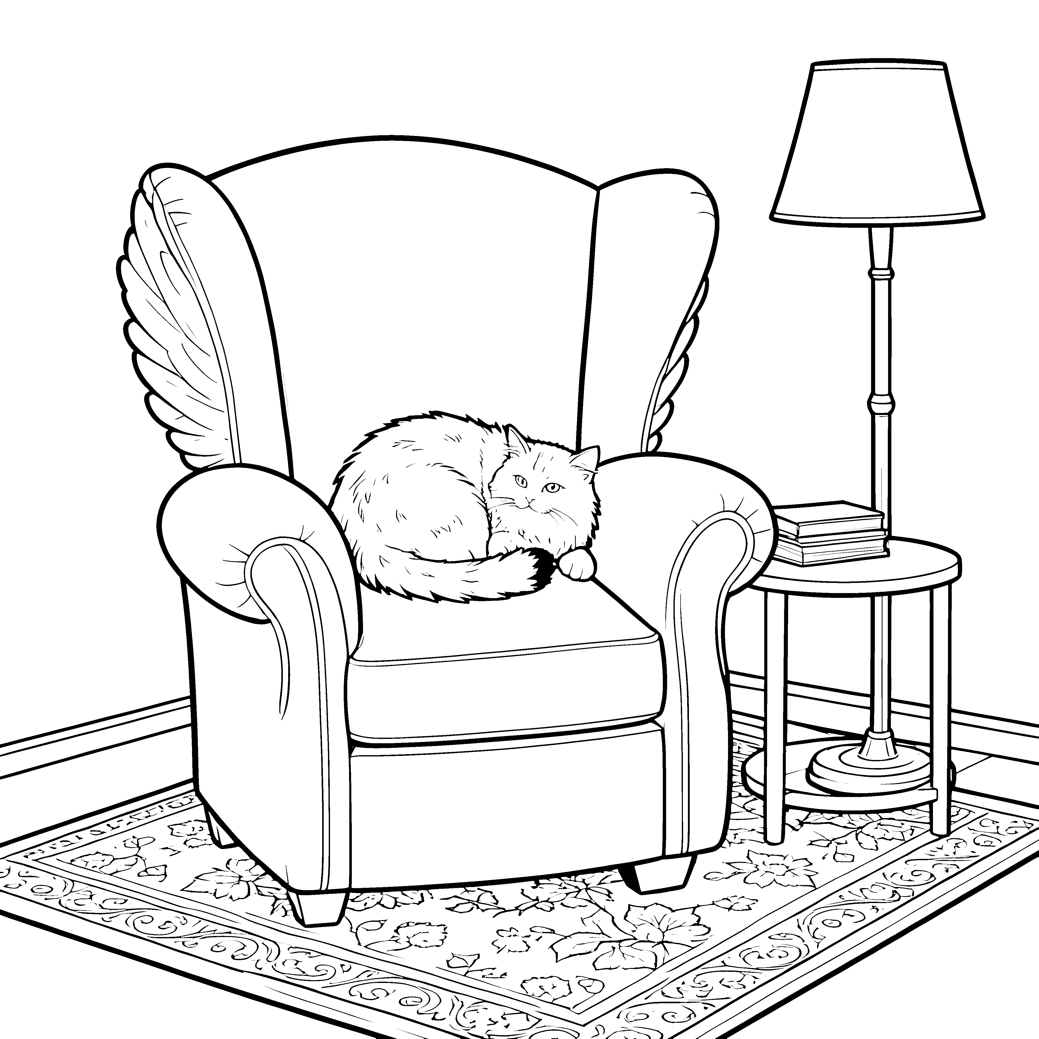 Gemütlicher Ohrensessel mit schlafender Katze Ausmalbild für kleine Tierfreunde