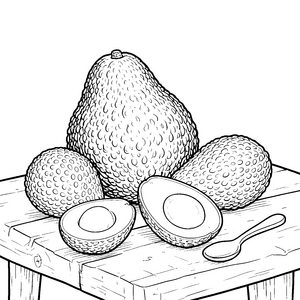Reife Avocados mit Löffel Ausmalbild für kleine Hobbyköche