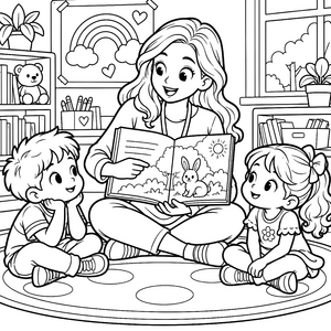 Fröhliche Kinderfrau mit Buch Malbild für fröhliche Bücherwürmer