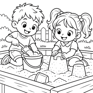 Verspielte Kinder im Sandkasten Ausmalbild für verträumte Abenteurer