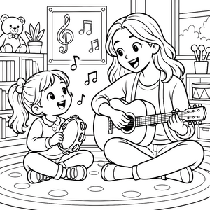 Fröhliche Musiklehrerin mit Gitarre Malvorlage für malfreudige Tonkünstler