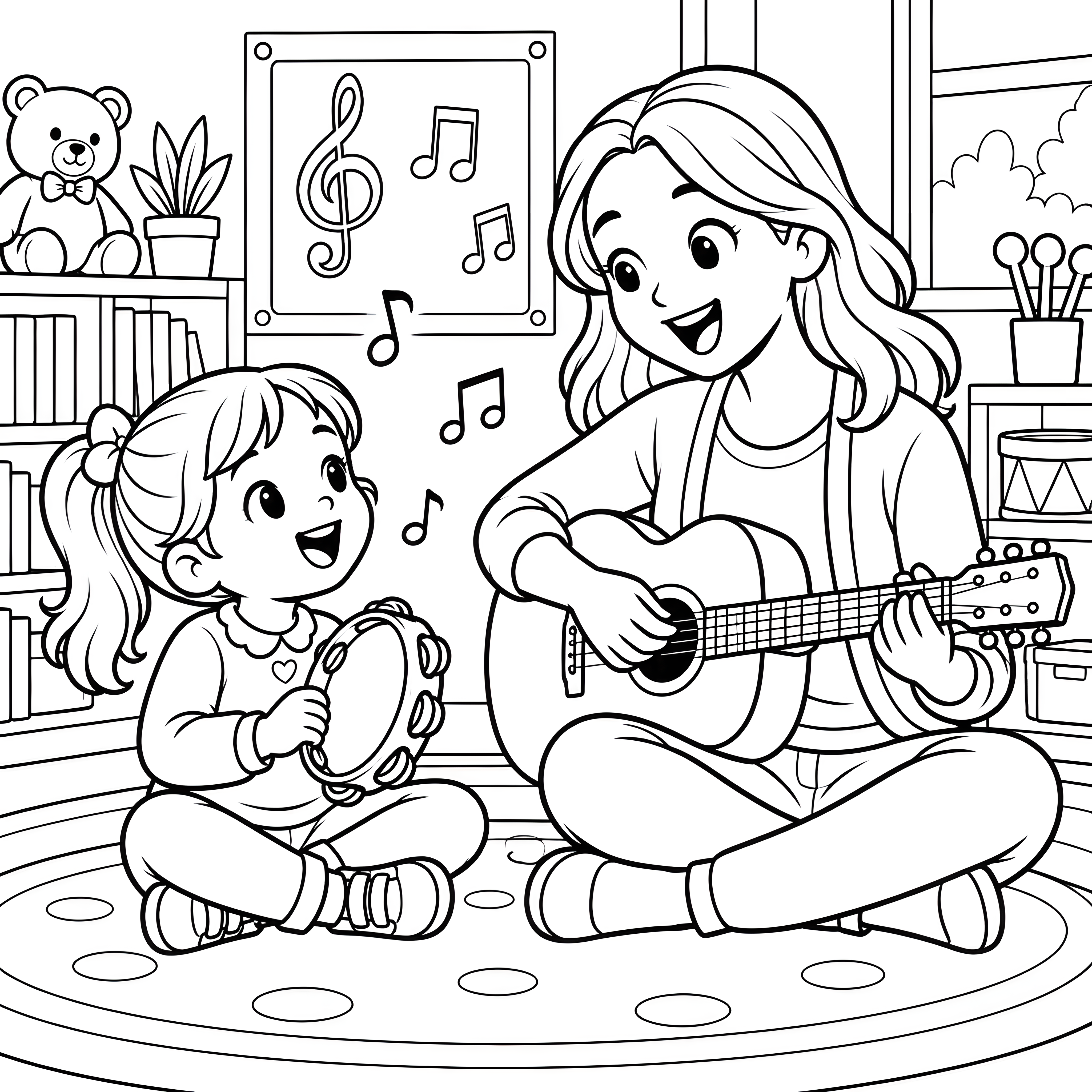 Fröhliche Musiklehrerin mit Gitarre Malvorlage für malfreudige Tonkünstler