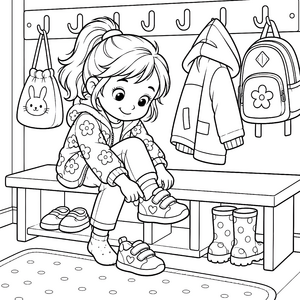 Motivierte Kinderfrau mit Schuhen Ausmalvorlage für kleine Spürnasen