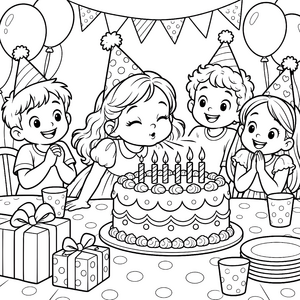 Fröhliche Kinder mit Geburtstagstorte Malbild für kleine Partytiere
