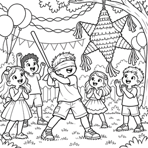 Begeisterte Kinder mit einer großen Piñata Ausmalbild für kleine Weltenbummler