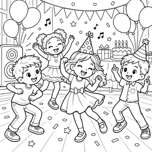 Ausgelassene Kinder auf Party mit Torte Ausmalbild für junge Musikfreunde