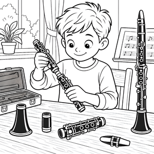 Aufmerksamer Junge mit Klarinette Ausmalbild für Musikbegeisterte
