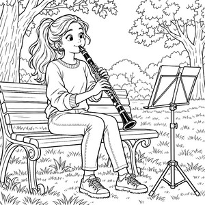 Fröhliche Mädchen mit Klarinette auf Parkbank Ausmalvorlage für Musikfreunde