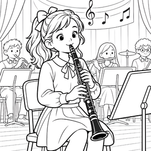 Begeisterte Kinder mit Klarinetten-Malvorlage für fröhliche Musikanten