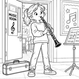 Konzentrierte Klarinettistin im Musikzimmer Malbild für neugierige Musikfreunde