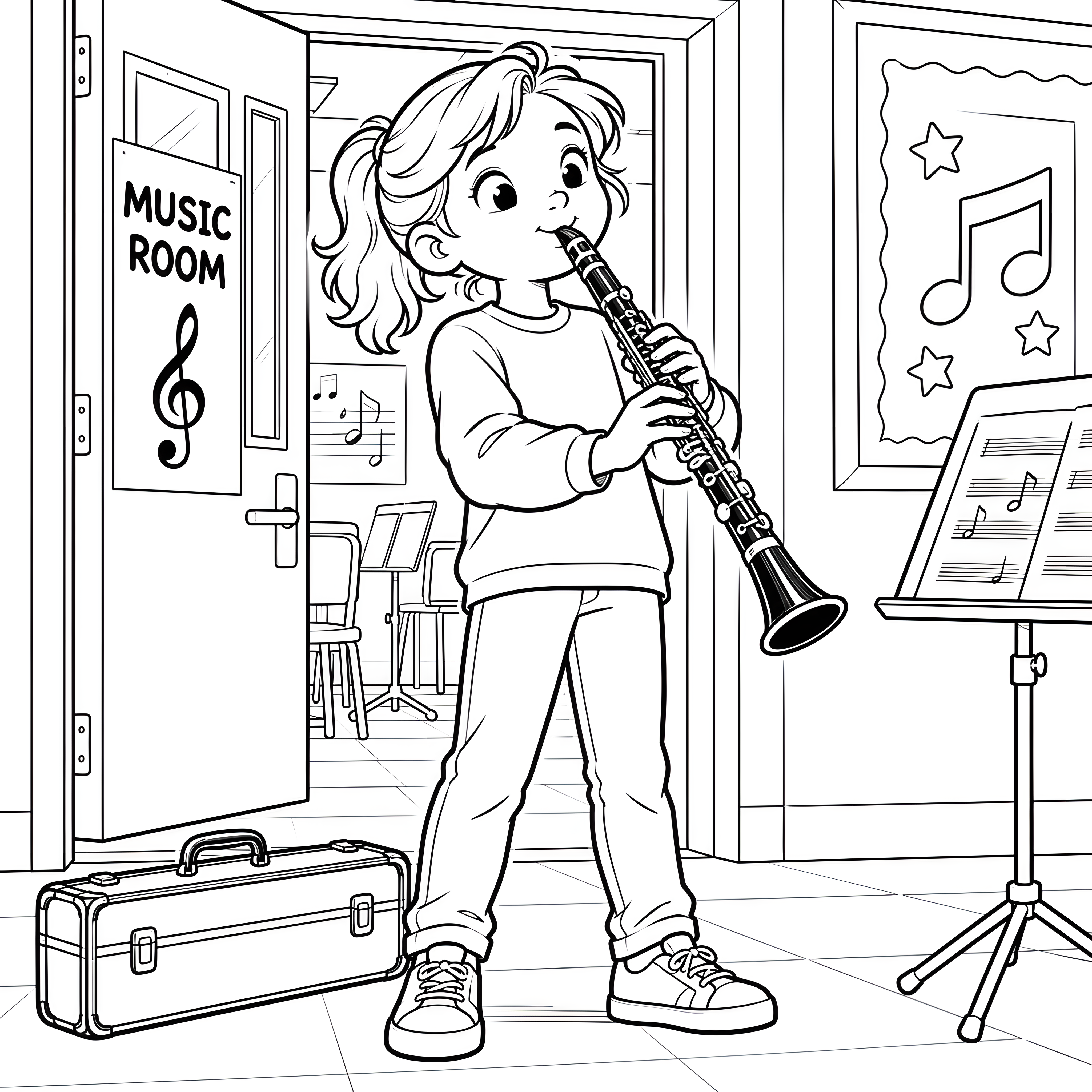 Konzentrierte Klarinettistin im Musikzimmer Malbild für neugierige Musikfreunde
