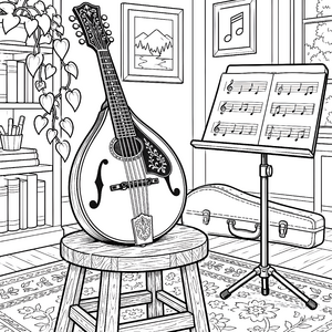 Stimmige Mandoline auf Hocker Ausmalbild für Musikfreunde