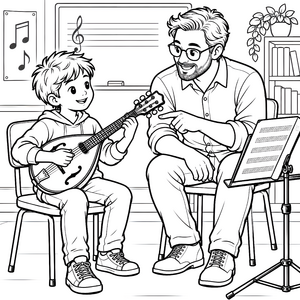 Freundlicher Musikunterricht mit Mandoline Ausmalvorlage für Tüftler