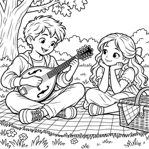 Verspielte Kinder mit Mandoline Ausmalvorlage für kreative Musikfreunde