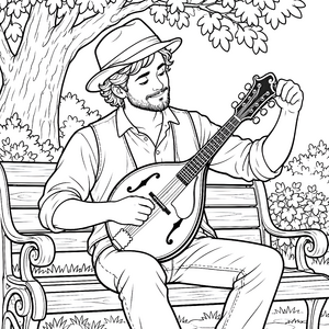 Entspannter Mandolinenspieler auf Parkbank Malbild für fröhliche Musikfreunde