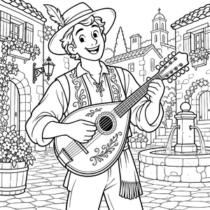Fröhlicher Mandolinenspieler im Dorf Malbild für kreative Musikfreunde