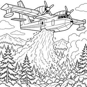 Mächtiges Löschflugzeug über brennendem Wald Malvorlage für verträumte Abenteurer