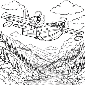 Heldenhaftes Löschflugzeug über brennenden Bergen Ausmalbild für kleine Luftfahrtfans