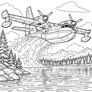 Kraftvolles Löschflugzeug über Bergsee Ausmalbild für Luftfahrtfans