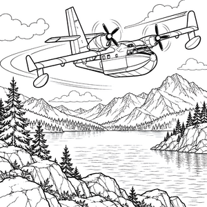 Flinkes Löschflugzeug über Bergsee Ausmalvorlage für kleine Spürnasen