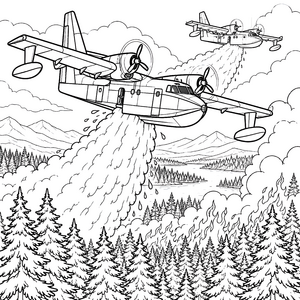 Dynamische Löschflugzeuge über brennendem Wald Malbild für Wasserratten