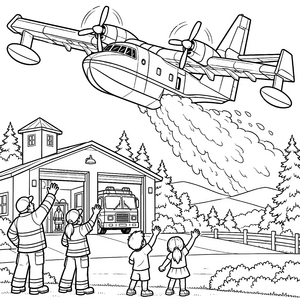 Mutiges Löschflugzeug vor Feuerwache Malvorlage für kreative Tüftler