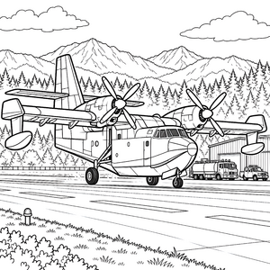 Imposantes Löschflugzeug vor Gebirgslandschaft Malvorlage für kreative Weltenbummler