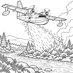 Rettendes Löschflugzeug über brennendem Wald Ausmalbild für mutige Flugfreunde