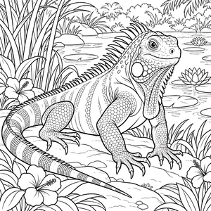 Sanfter Leguan am Teich mit Lotusblüten Malvorlage für verträumte Tierfreunde