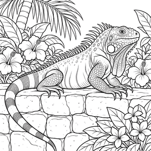 Stolzer Leguan mit Hibiskusblüten Malbild für Spürnasen