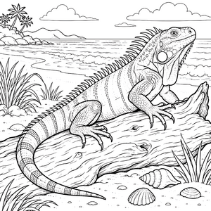 Imposanter Leguan am Strandmalbild für kreative Weltenbummler Ausmalbild