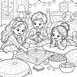 Verspielte Kinder beim Brettspiel Ausmalbild für verträumte Abenteurer