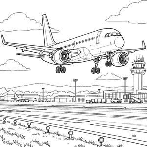 Präzises Passagierflugzeug am Kontrollturm Ausmalvorlage für kreative Luftfahrer