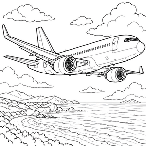 Überraschendes Passagierflugzeug über Küstenlandschaft Malvorlage für kreative Fernreisende