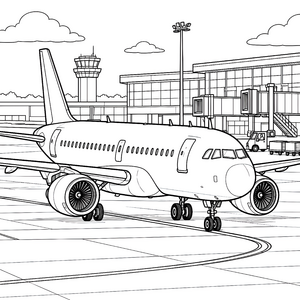 Riesiges Passagierflugzeug am Terminal Malbild für kleine Weltenbummler